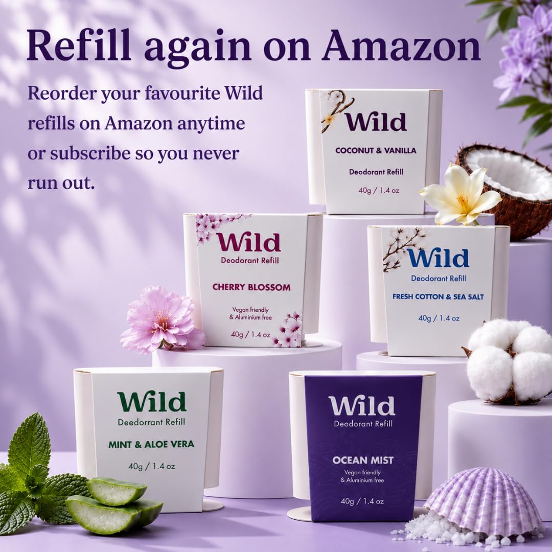 Wild Aluminum Free Natural Deodorant Starter Kit - Refillable Purple Case - Natural Ingredients & 24 Hour Odor Protection - Women's - Fresh Scents Variety Pack - Case + 3 Refills