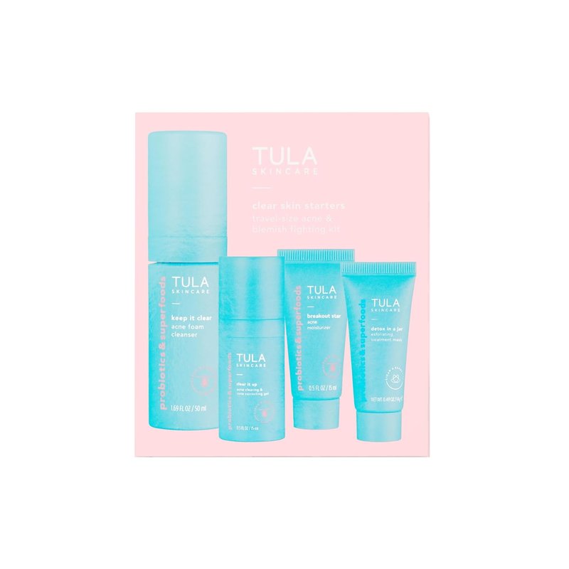 TULA Skin Care Clear Skin Starters Acne Treatment Kit | 4-Piece Foam Cleanser, Gel, Moisturizer & Mask