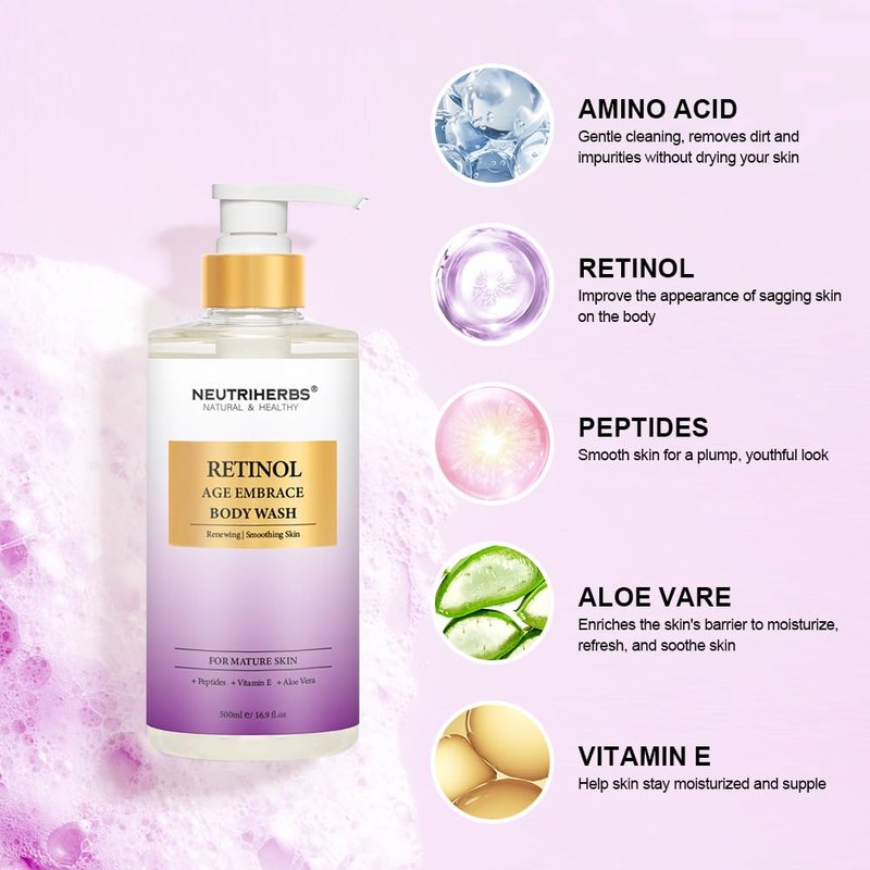 Neutriherbs Retinol Body Wash, Anti Aging/Renewing Shower Gel For Women And Men, Daily Shower Soap With Peptides, Vitamin E, Aloe Vera - Orange Blossom Scent 16.9 Fl.Oz