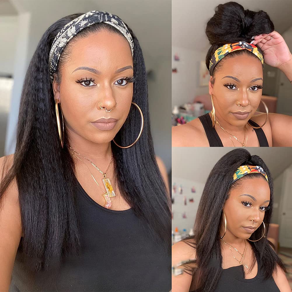Kinky Straight Headband Wig Human Hair 180% Density 12A Headband Wigs for Women Glueless Yaki Headband Human Hair Machine Made Can Last 6-9 Months Life Natural Black Color 14 Inch