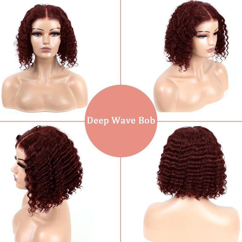 Pinketer Burgundy Glueless Wigs Human Hair Pre Plucked Pre Cut 4x4 Lace Closure Wear and Go Deep Wave Bob Wig 180% Density 99J Curly Human Hair Wigs for Black Women (Burgundy Wig, 10in)