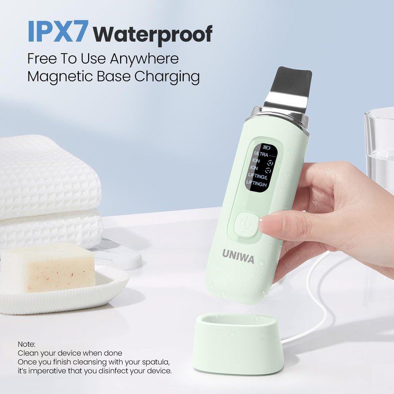 UNIWA Skin Scrubber Face Spatula, Skin Scrubber Pore Cleaner Blackhead Remover Tool for Deep Facial Cleansing - 4 Modes, Face Spatula with USB Charger, LCD Display, IPX7 Waterproof -Green