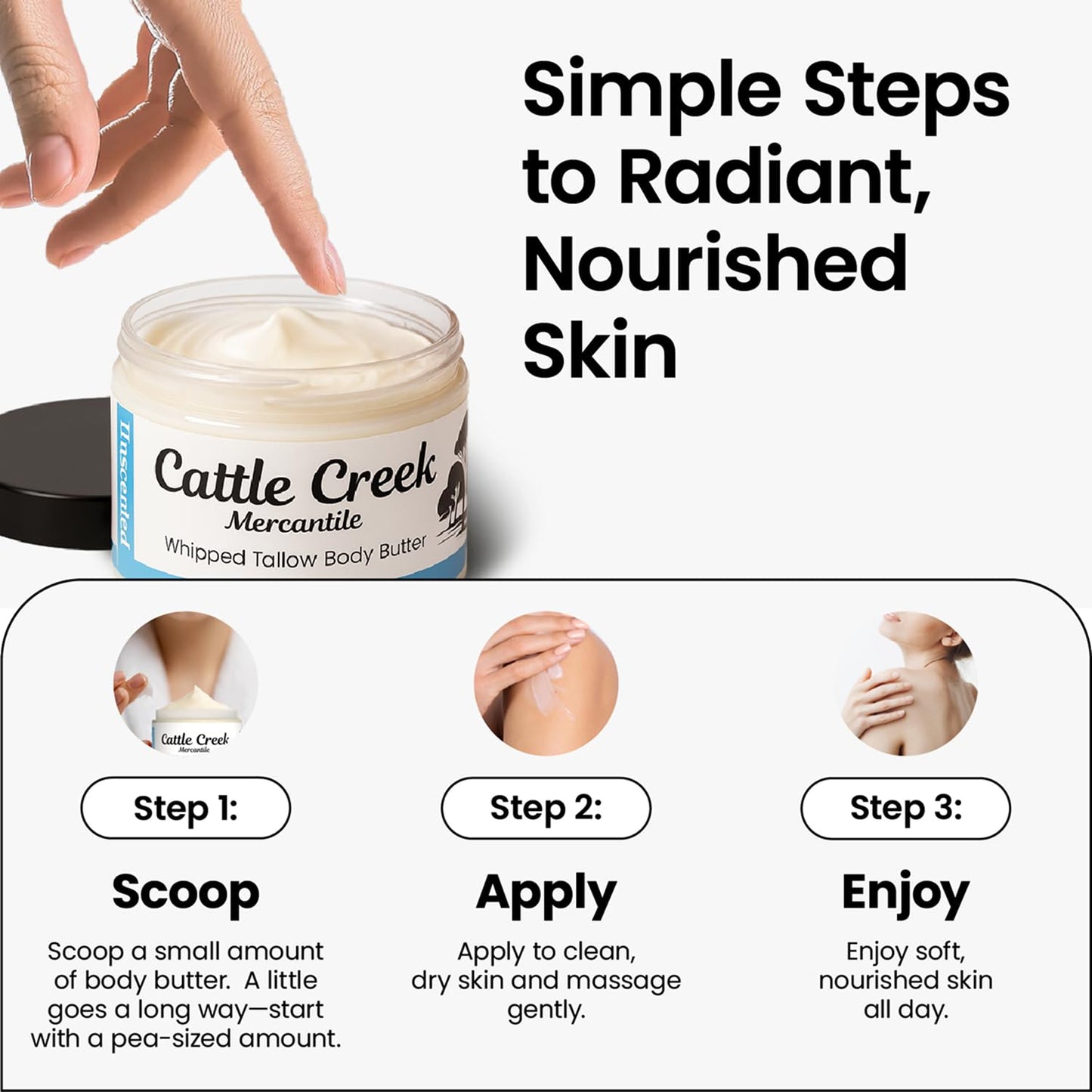 Cattle Creek Whipped Beef Tallow for Skin & Face – Deeply Moisturizing Tallow Balm – Natural Grass-Fed Skincare – Nourishes Dry, Sensitive Skin– Non-Comedogenic, Fast-Absorbing (4oz, Unscented)