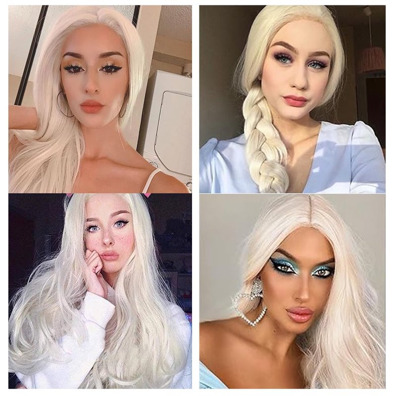 xiweiya 60# Platinum Blonde Wavy Lace Front Wig Long White Blonde Wavy Curly Synthetic Lace Front Wig White Queen Wig 13x3 Lace Wig Heat Resistant Hair 180% Density Wigs for Woman Drag Queen 24inch