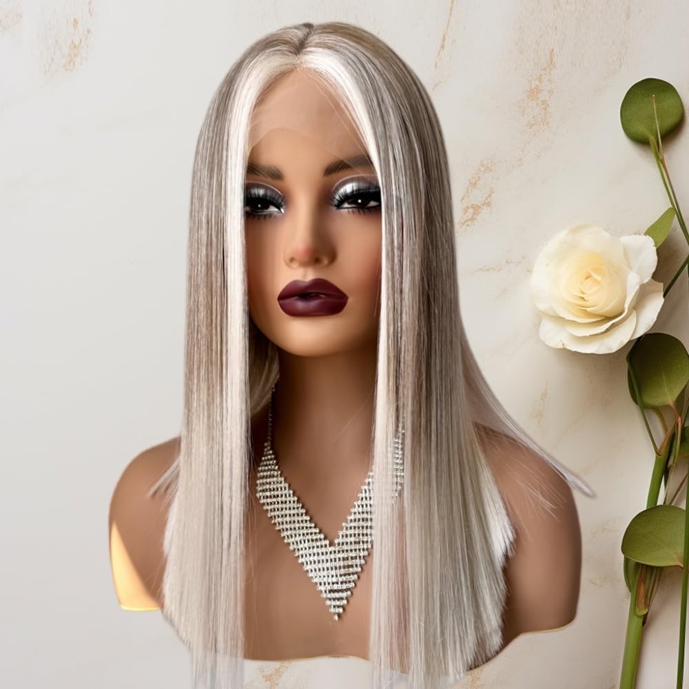 Ombre Ash Blonde Lace Front Wig - Pre-Plucked Baby Hair, White Grey Balayage Highlights | Straight Bob Synthetic Wig for Women