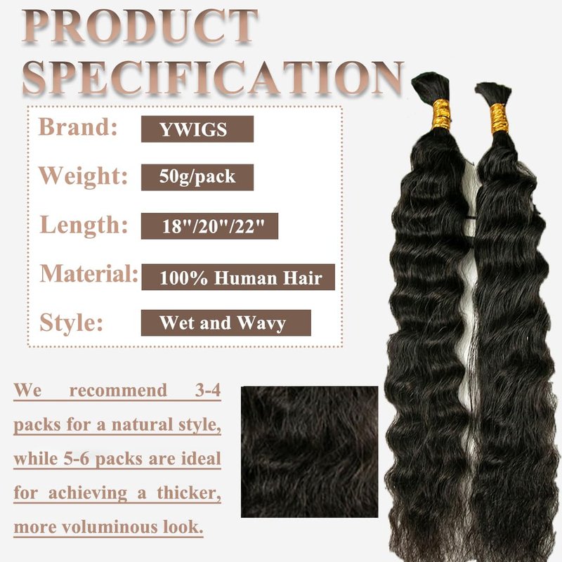 YWIGS Wet and Wavy Human Braiding Hair for Boho Braids 50G No Weft Virgin Human Hair Bulk Human Hair for Braiding 20inch