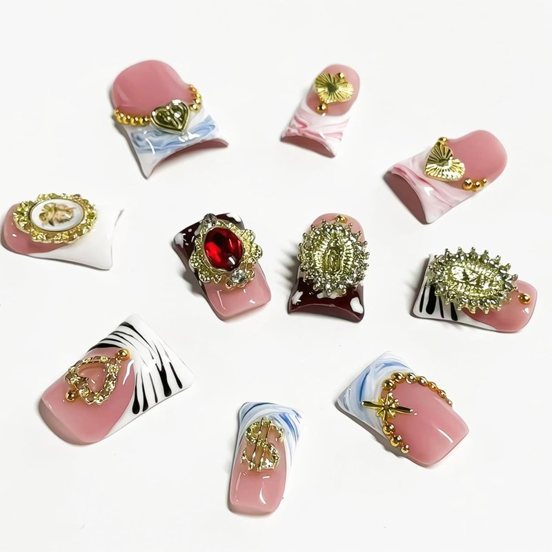 10 Pcs Duck Press on Nails Medium Fake Nails Sea Waves Pink French Tip Handmade False Nails with Glue, with 3D Golden Heart Design Artificial Acrylic Stick on Nails for Women（M）
