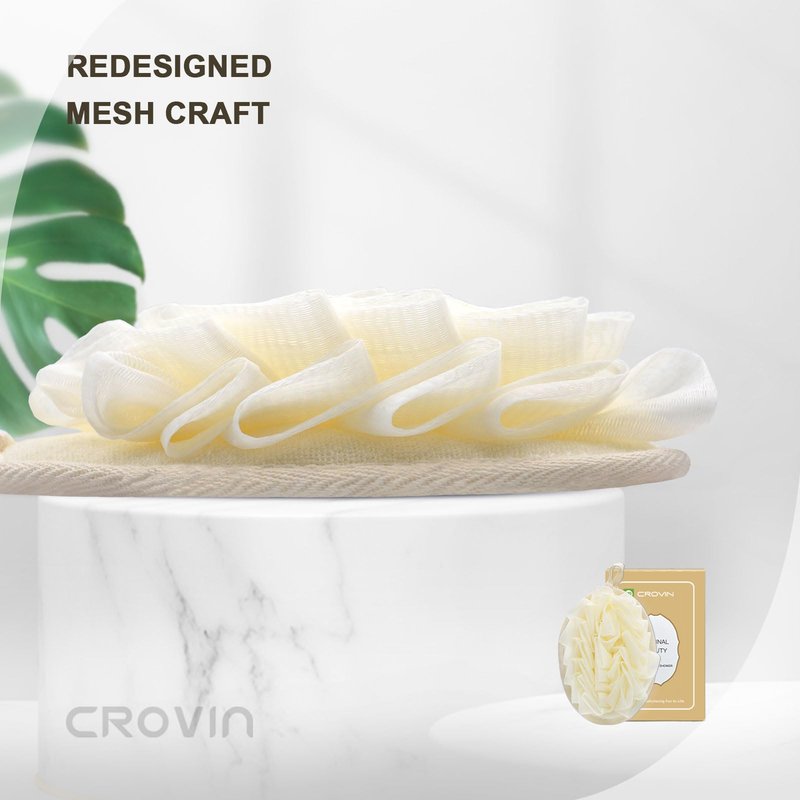 CROVIN Shower Puff 4 Pack Bath Sponge Shower Loofahs Pouf Large 7x5 Premium Exfoliating Mesh Puffs for Women and Men-Elastic Hand Strap Body Brush to Soothe, Cleanse Your Skin