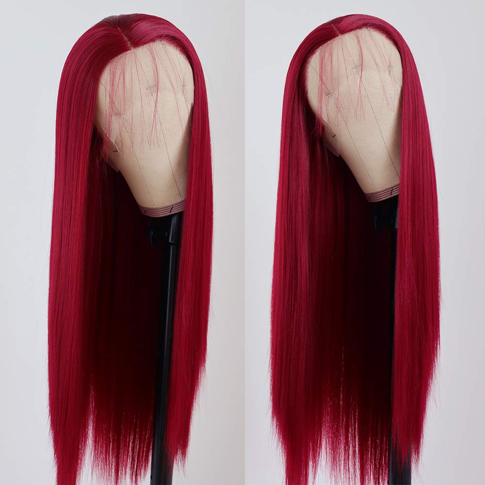 Lovestory Red Wigs For Women Heat Resistant Synthetic Lace Front Wigs Fashion Long Straight Wig 180 Density 22-24 inch