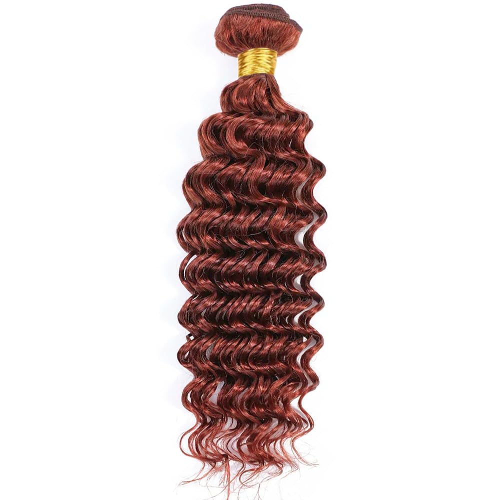 Niciitysi Color 33 Human Hair Reddish Brown Deep Wave Bundles 8 10 12 inch Double Weft Brazilian Copper Red Hair Extensions Auburn Deep Curly Bundles Silky Soft for Women