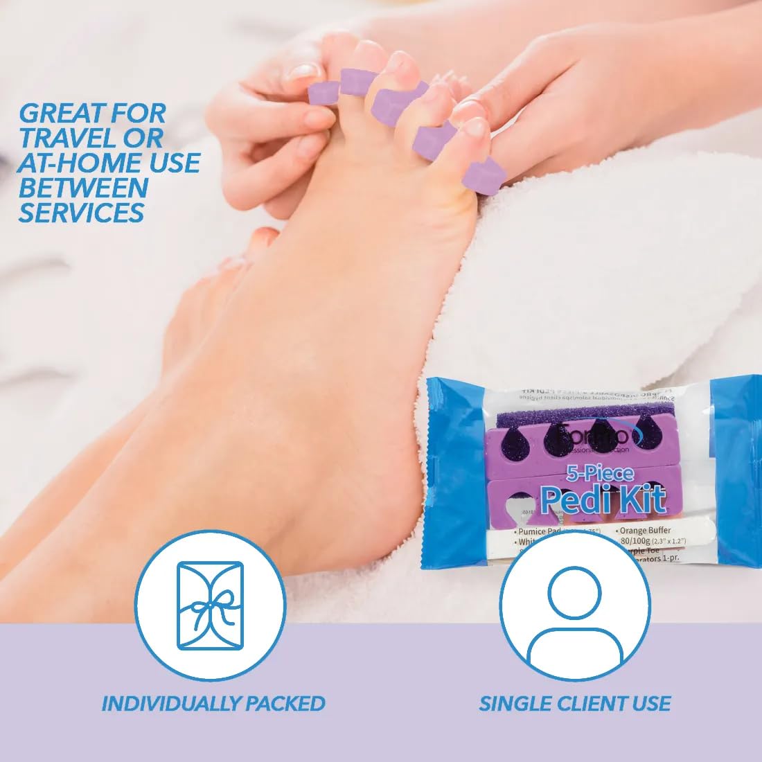 ForPro 5-Piece Pedi Kit, 100-Count, Individually-Packed Pedicure Set, Purple Pumice Pad, Wood Nail File 80/100 Grit, Mini Buffer 80/100 Grit, Wood Stick, Toe Separators