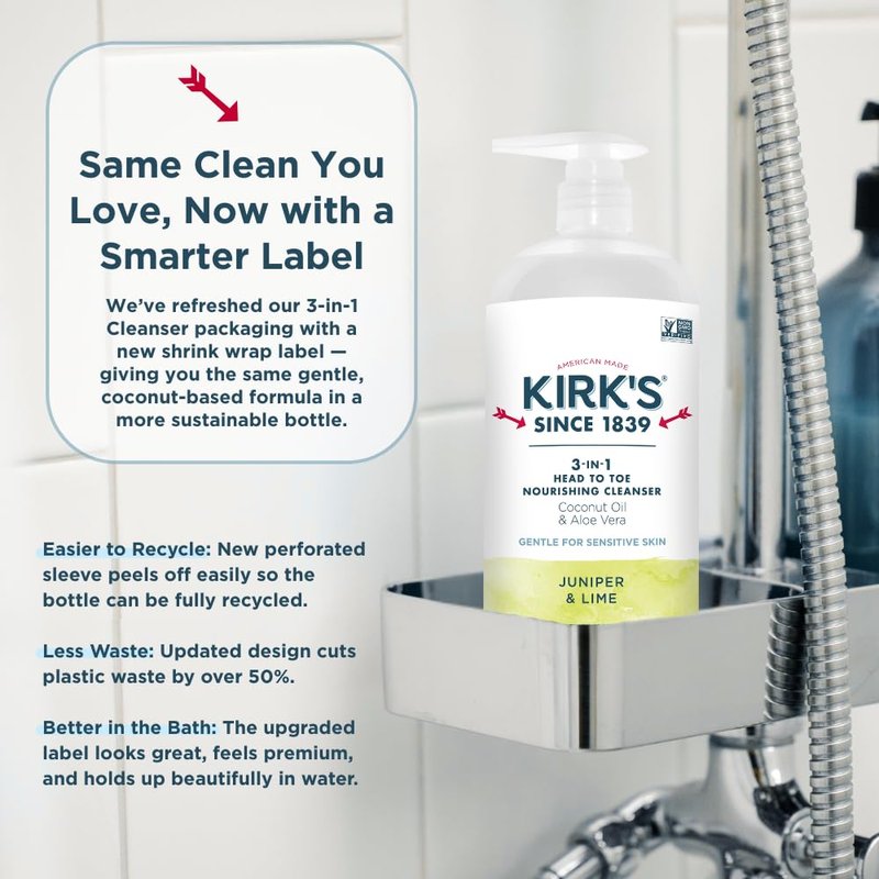 Kirk's Juniper & Lime 3-in-1 Nourishing Cleanser, Shampoo Body Wash Bubble Bath, Coconut Oil and Aloe Vera, Vegan Non-GMO, 32 Fl Oz, Pack of 2