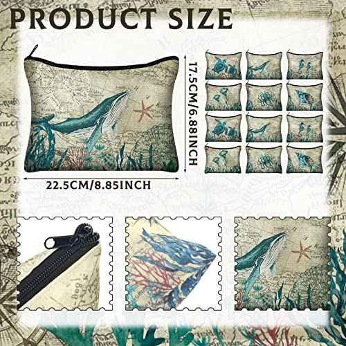 Sanwuta 12 Pcs Sea Tropical Cosmetic Bags Retro Animal Seahorse Travel Bags Beach Makeup Bags Zipper Small Pouch Vintage Turtle Whale Seashell Bag Under The Sea Purse Toiletry for Women Party Gift