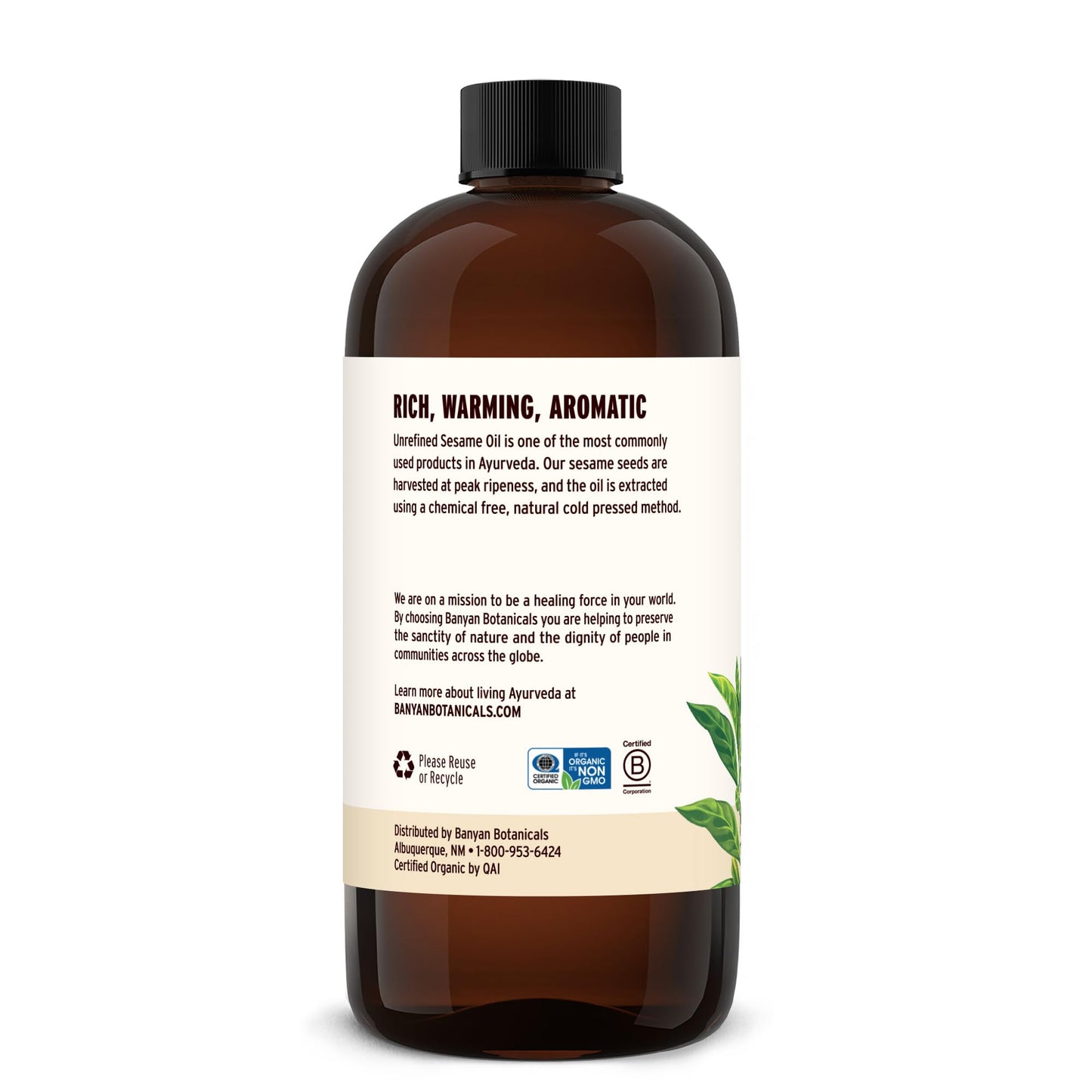 Banyan Botanicals Organic Unrefined Sesame Oil – Rich & Warming Ayurvedic Massage Oil for Body & Scalp – Traditional Abhyanga Oil for Deep Tissue Grounding & Recovery – 16 oz – USDA Organic