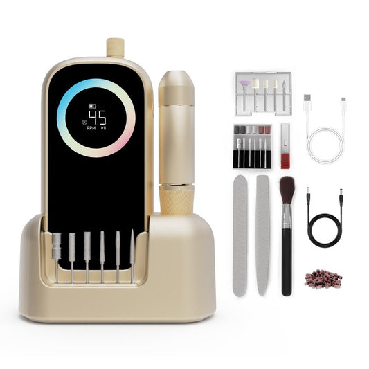 Electric Nail Drill 45000RPM, 2025 Pro High Tech Fast Remove Cordless Nails Drill with Rechargeable Stand for Acrylic Nails, 12Pcs Drill Bits and Holder, LCD Professional Nail Machine for Salon Home