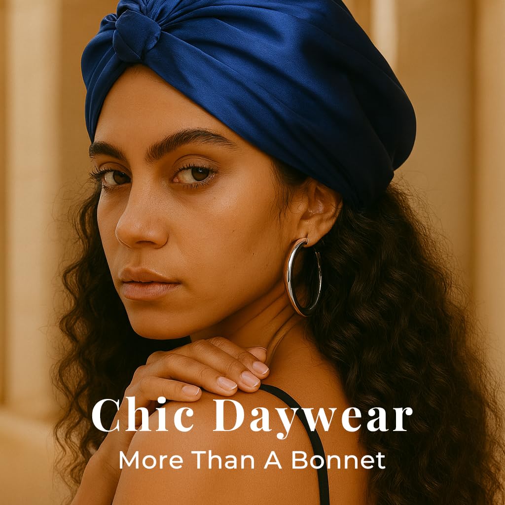 LumeSilk Mulberry Silk Bonnet, Double-Layered Hair Bonnet for Sleeping Women, Pure Silk Turban, Night Sleep Hair Wrap, Navy Blue