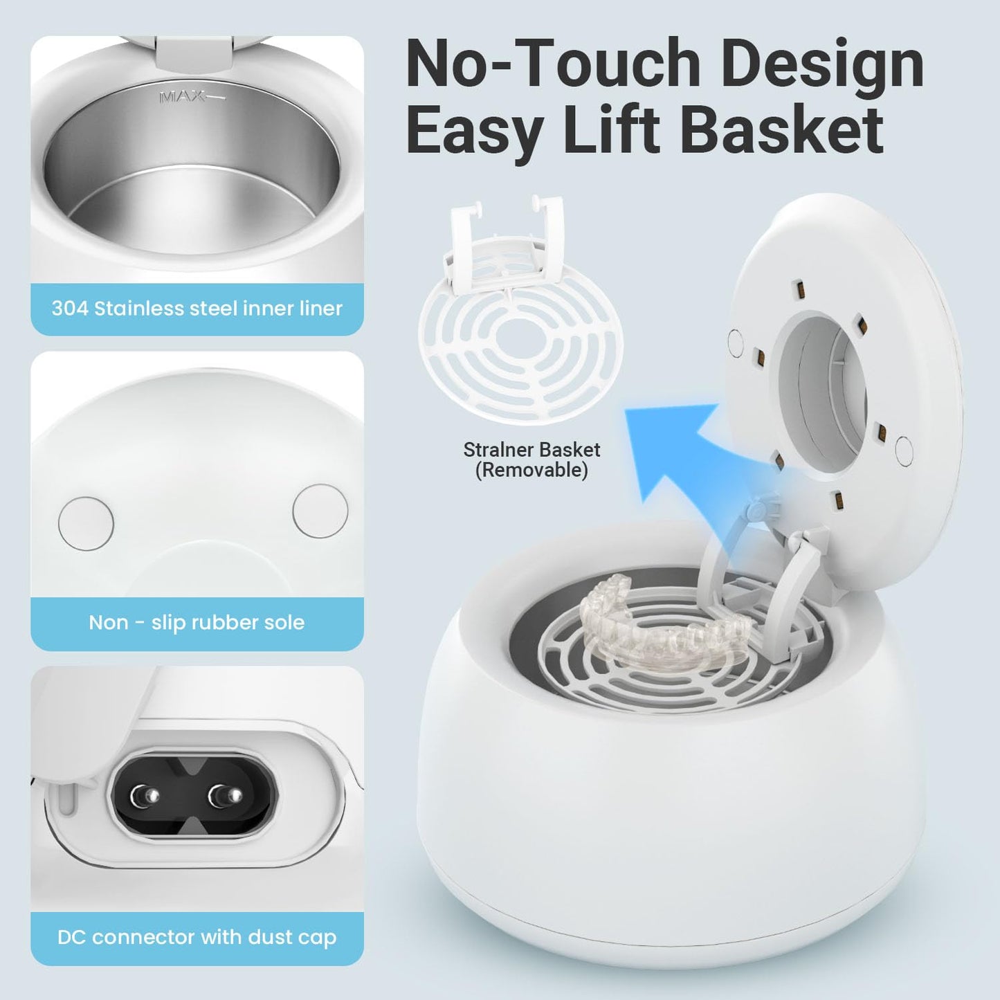 Ultrasonic Retainer Cleaner for Aligners & Dentures, 45kHz Dental Cleaning Machine with Digital Timer, 200ML Stainless Steel Tank, Low Noise Cleaner for Braces, Mouth Guards & Daily Dental Care
