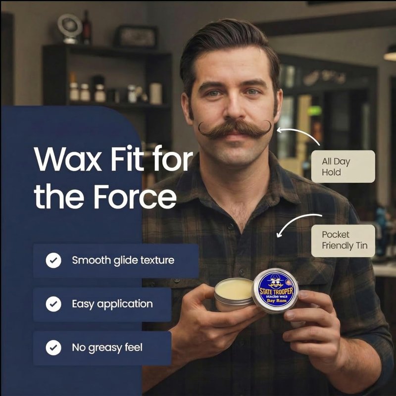 State Trooper Bay Rum - Medium Hold Mustache Wax with Beeswax, Coconut Oil & Lanolin – Natural Moustache Grooming & Styling - Nourishing Moustache Conditioner & Sculpting - 2 Ounce Tin