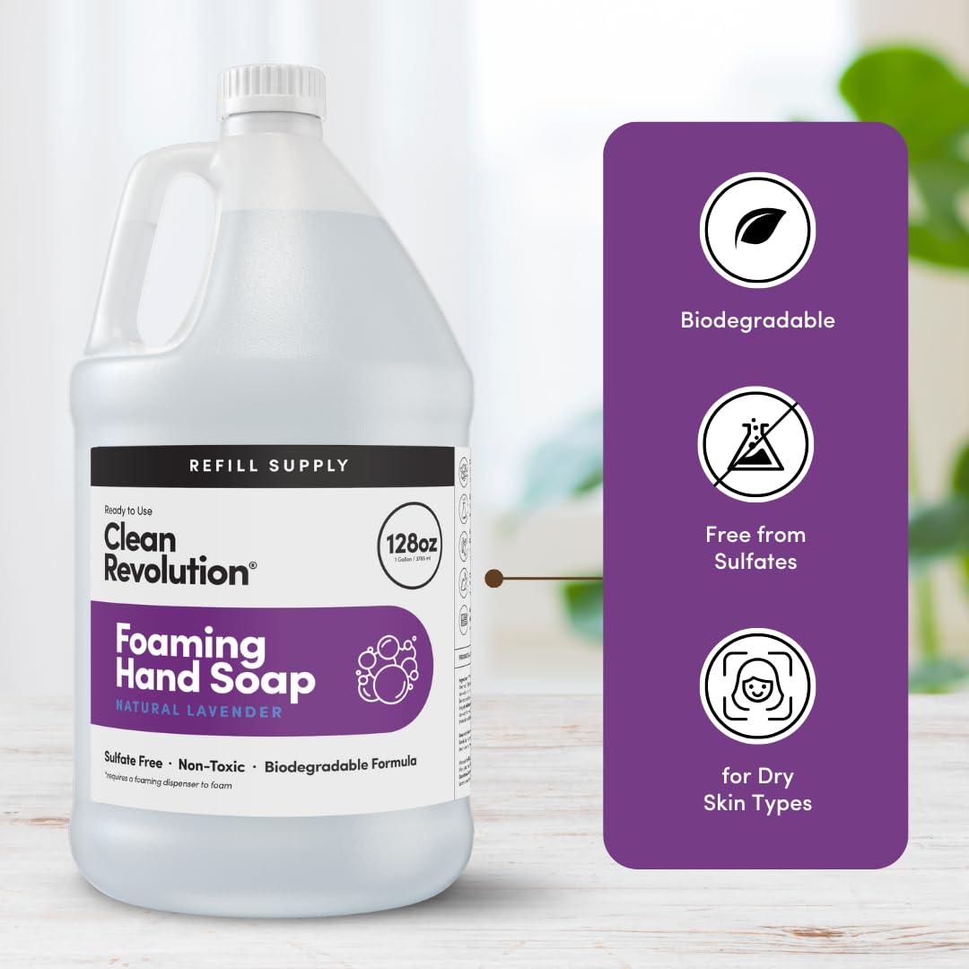 Clean Revolution Foaming Hand Soap Refill with Real Essential Oils, Moisturizing Sulfate-Free Hand Soap, Ready-to-Use Foam Soap Refill for Kitchen & Bathroom (Natural Lavender, 128oz)