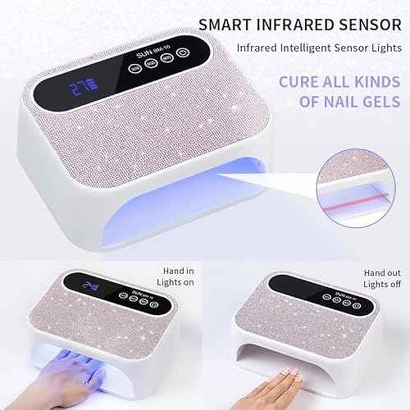 Cordless UV Nail Lamp, 268W Rechargeable UV Gel Nail Light, Sparkling Rhinestones Diamond UV Light, Professional Fast Curing Nail Dryer with 4 Timers Touch Control Auto Sensor for Salon & Home