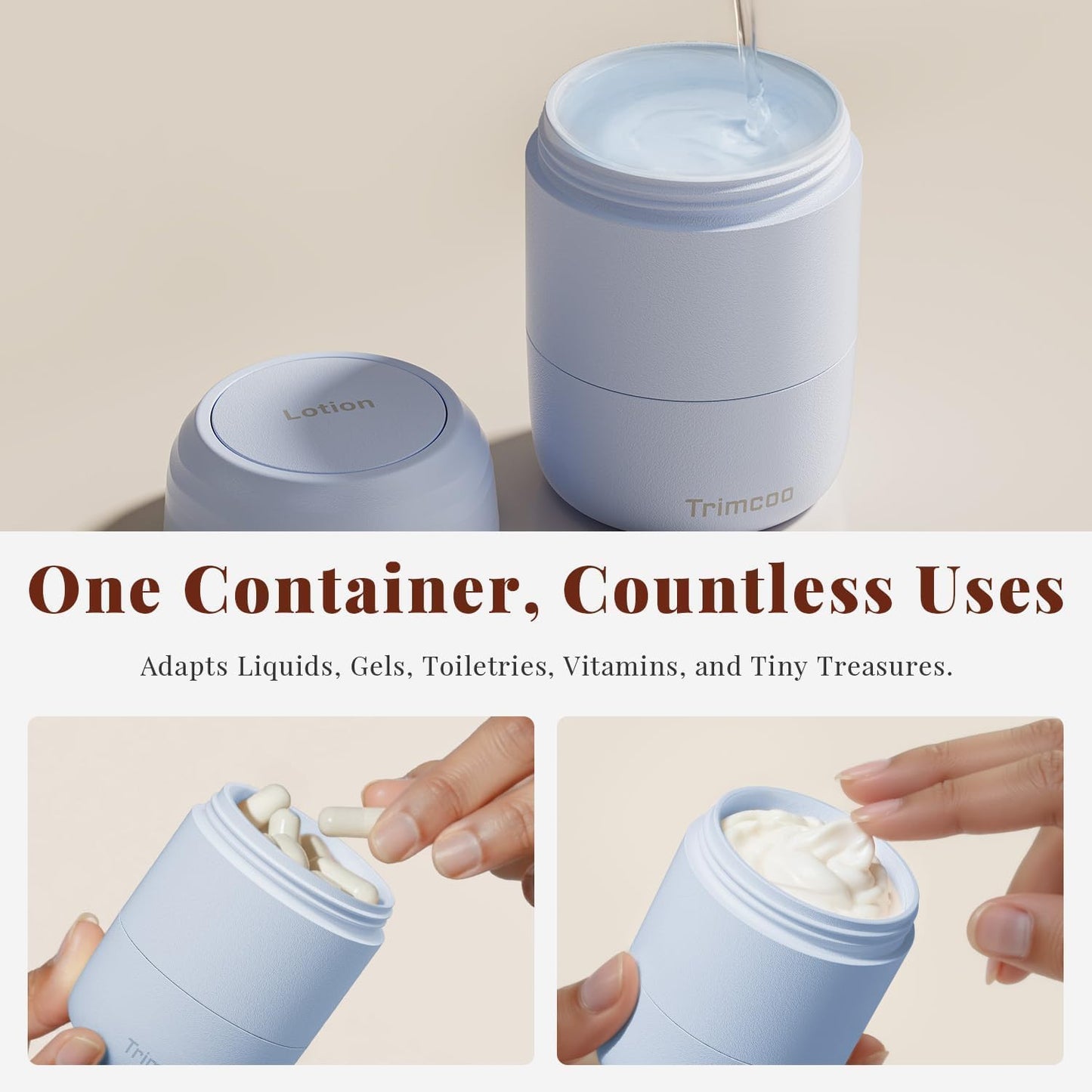 Trimcoo New Travel Toiletry Containers [Ultra Leakproof] TSA-Approved, PLA Hard Shell Jars with 5 Magnetic Labels, Wide Mouth Bottles for Lotion, Cleanser, Shampoo, Conditioner, Blue, 3 Pack, 2OZ