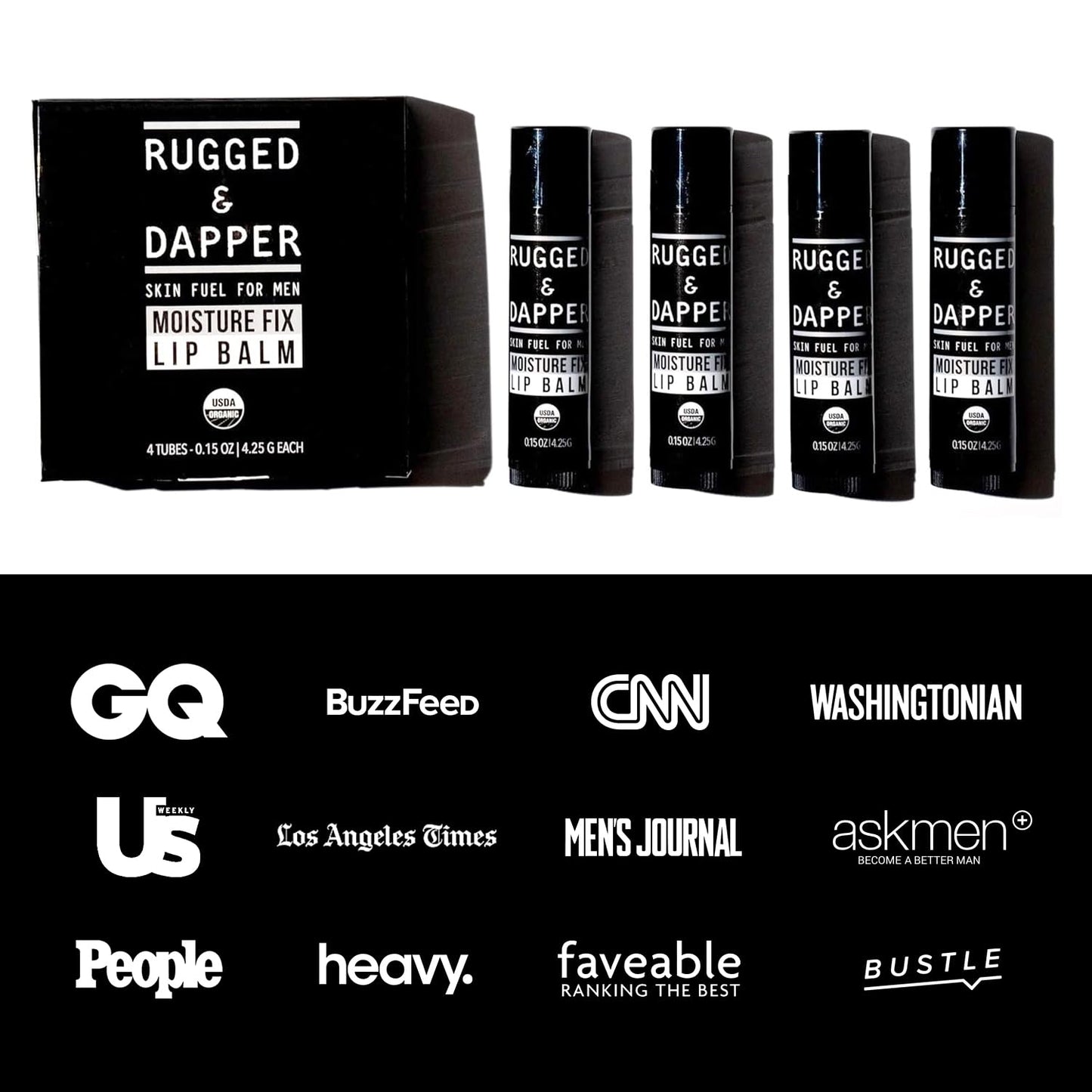 RUGGED & DAPPER Lip Balm for Men - Certified Organic + Natural Ingredients - 4 Pack - Hydrating Mens Chapstick -