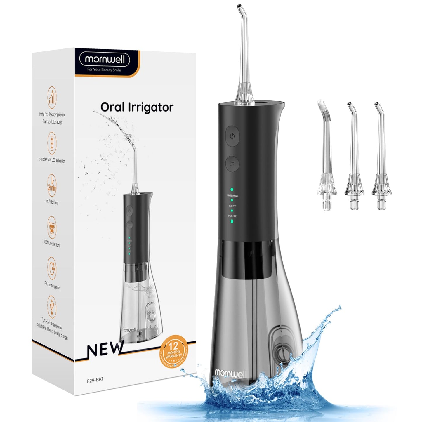Water Flossers for Teeth, 300ML Cordless Water Flosser, Mornwell 3s Pressure Crescendo Oral Irrigator, Professional Rechargeable Portable Water Flosser