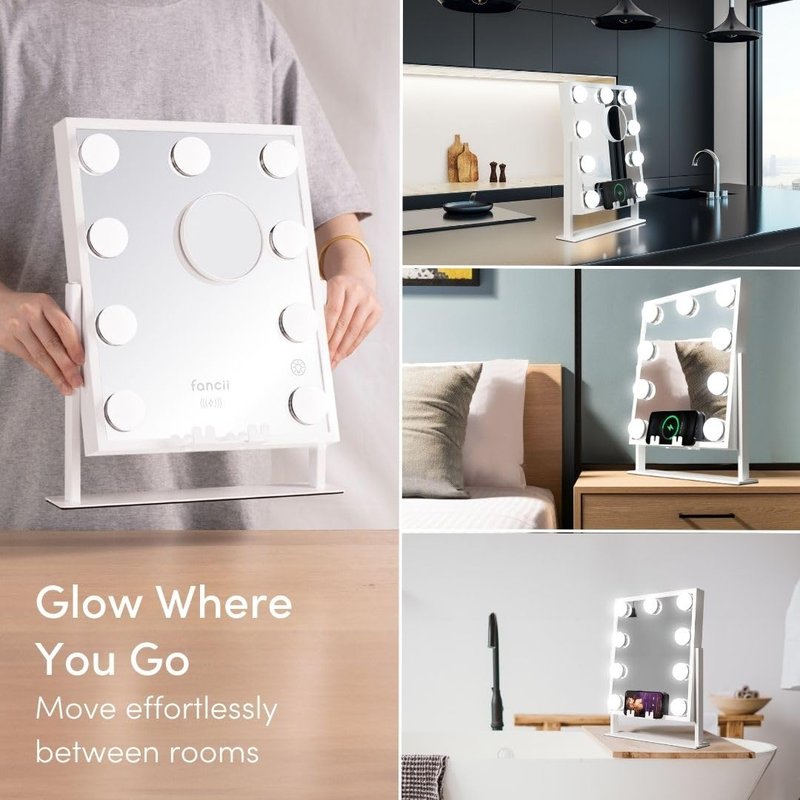 Fancii Vanity Mirror with Lights, BT Speaker, Wireless Charging - Detachable 10X Magnifying Mirror, 9 Hollywood Bulbs, LED Lighted Makeup Mirror with Phone Stand, 3 Color Modes, Adjustable Tilt