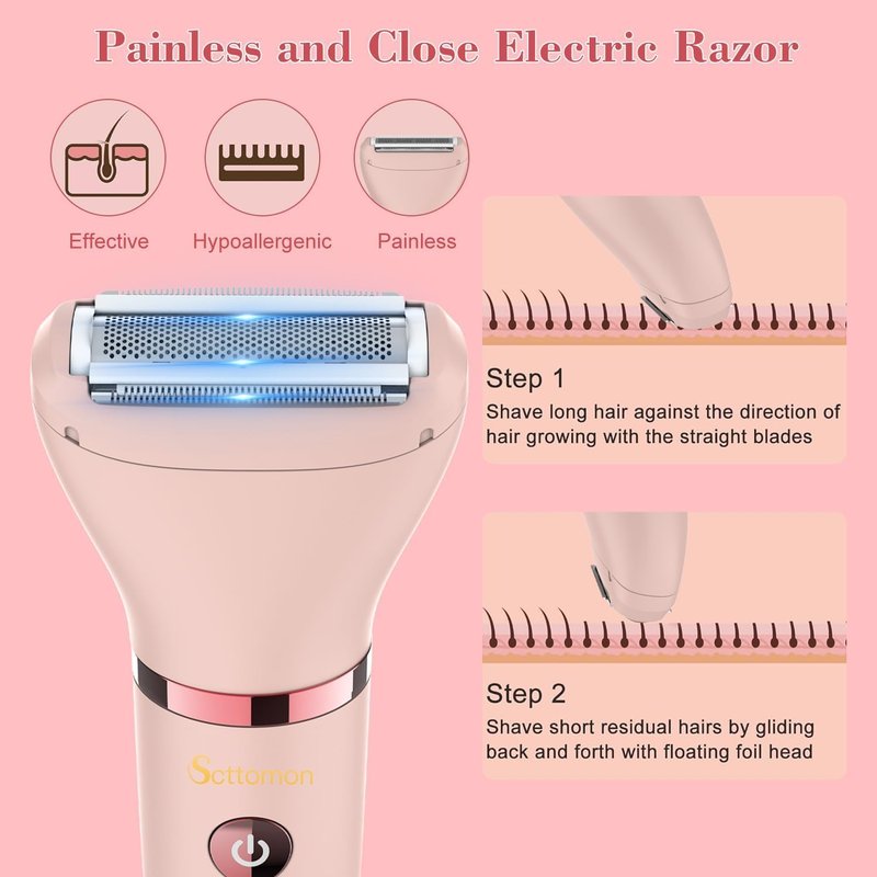 Scttomon 3-in-1 Electric Razor IPX7 Waterproof Bikini Trimmer Wet & Dry Use Painless Personal Trimmer Groomer for Ladies Face Body Legs Bikini Public Hairs Electric Lady Shaver with Replaceable Heads