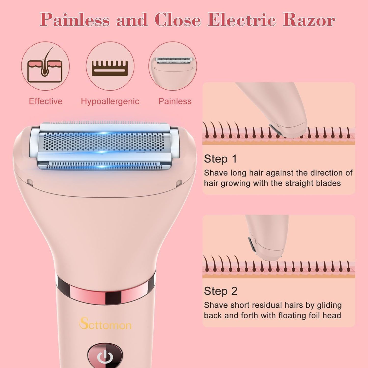 Scttomon 3-in-1 Electric Razor IPX7 Waterproof Bikini Trimmer Wet & Dry Use Painless Personal Trimmer Groomer for Ladies Face Body Legs Bikini Public Hairs Electric Lady Shaver with Replaceable Heads