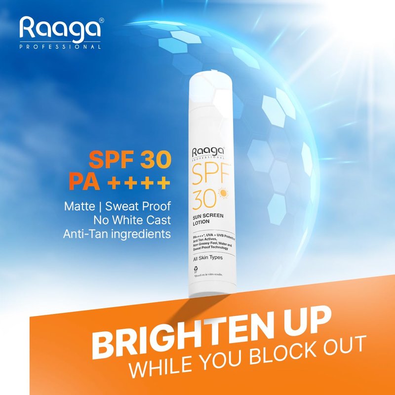 Raaga Professional Sunscreen Lotion SPF 30 | Broad Spectrum UVA & UVB Protection | Lightweight, Non-Greasy & Water-Resistant | Keeps Skin Hydrated | For All Skin Types | 1.86 Fl Oz/55ml