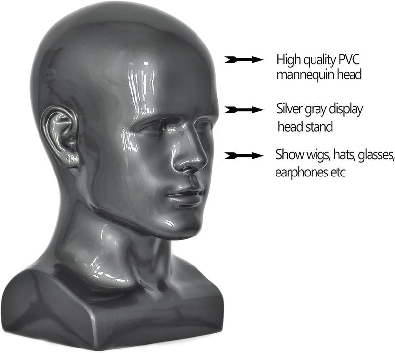 Black Male PVC Mannequin Head | Display Stand for Hats, Scarves, Wigs & Glasses - Grey Color