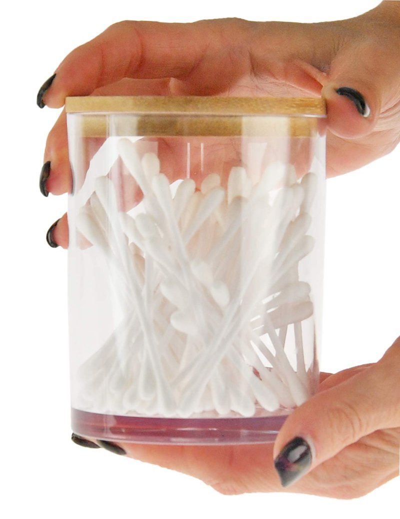 ARAD 3 Pcs Cotton Ball, Swab, Q-tip Storage, Clear Acrylic Jar Container with Bamboo Lid, Easy Organization on Bathroom Counters, Under Sink Placement or Vanity Tables-3.25" D x 4.5" H