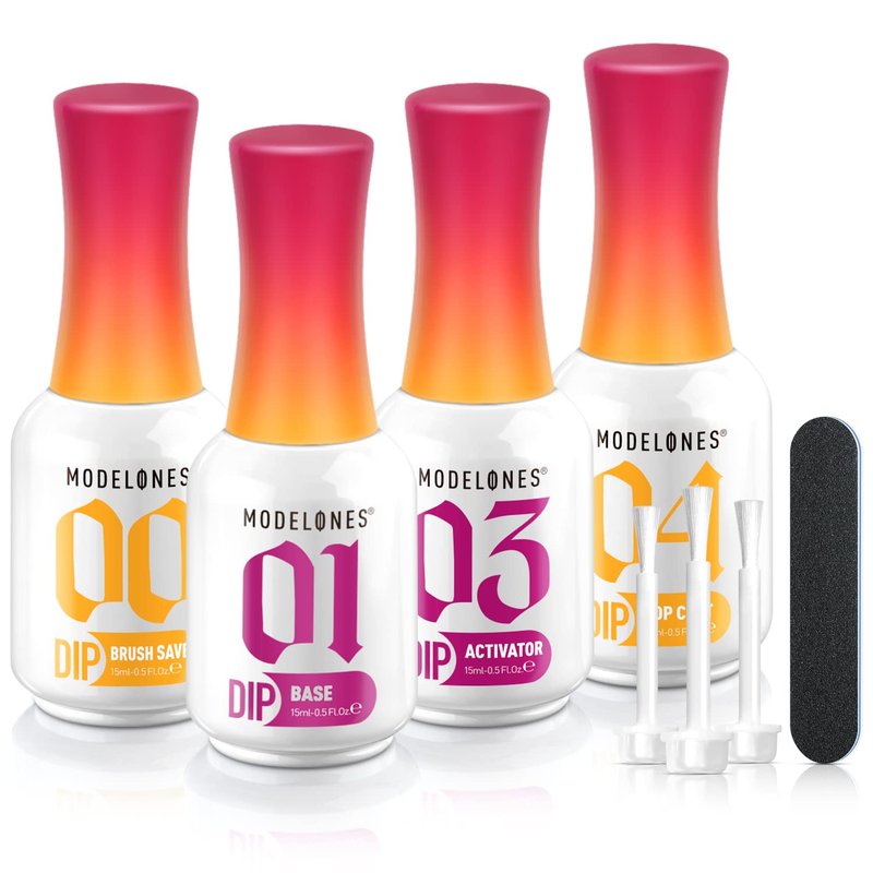 Modelones Dip Powder System Set - 4 Pcs Base Coat, Top Coat, Activator & Brush Saver | Nail Art DIY Kit - 15ml/0.5oz