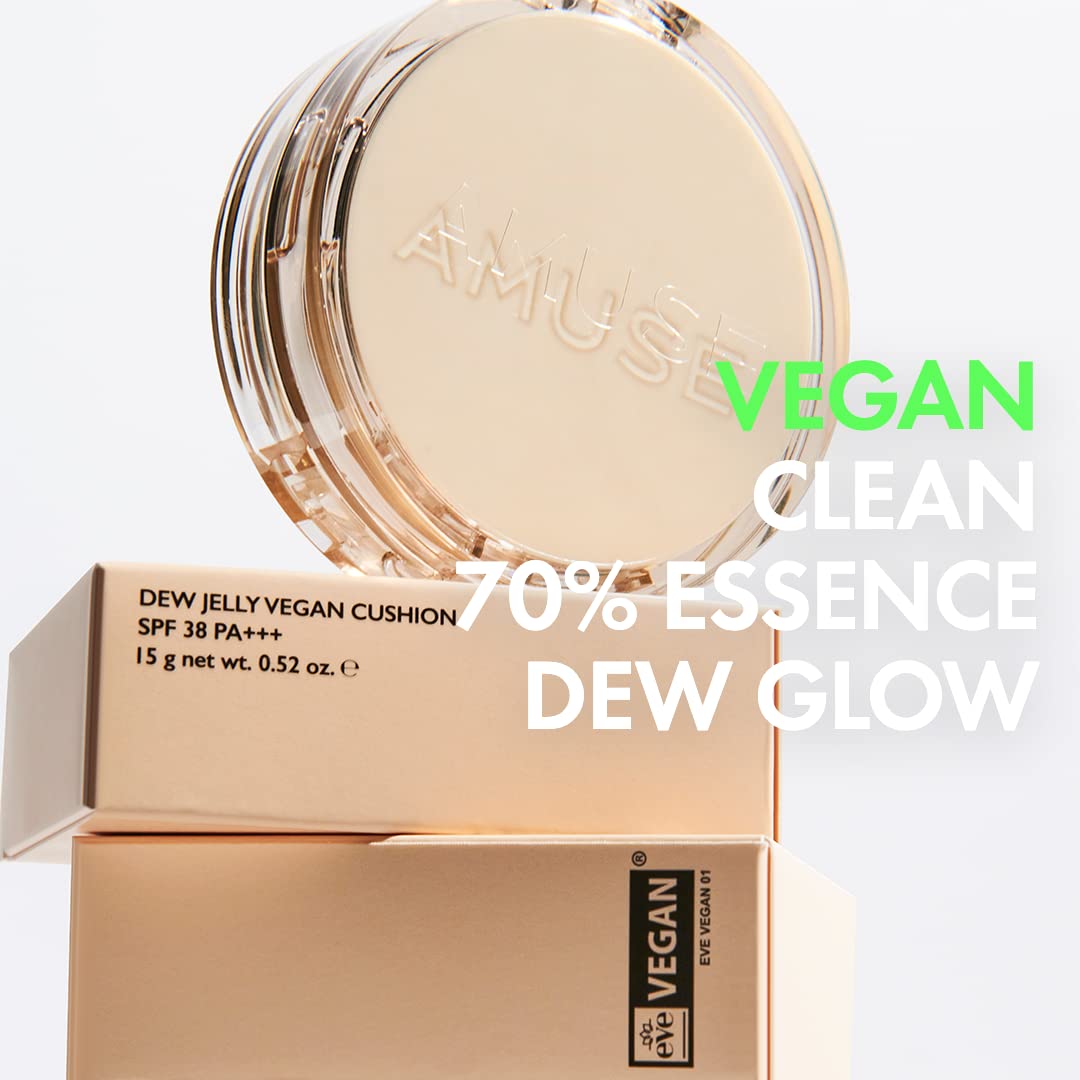 AMUSE SEOUL Dew Jelly Vegan Cushion Foundation (1.5 CLEAR) - Full Coverage, Dewy Glow Finish, Lightweight, Long Lasting, Firming Texture, All Skin Types, Vegan, Korean Makeup