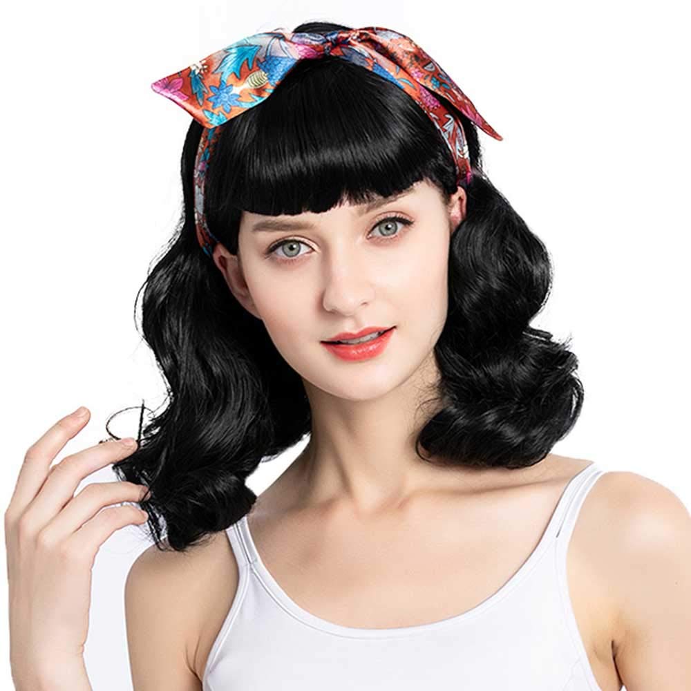 Bybrana Hair 50s Rockabilly Vintage Wavy Black Wig With Bangs - Bettie Page Wig for Woman - Cosplay & Daily Use (14'')