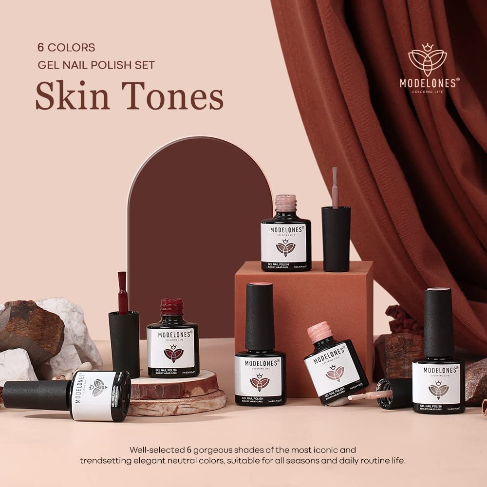 modelones Gel Nail Polish Kit -6 Colors Nude Pink Milky White Gel Polish Set Skin Tones Neutral Brown Soak Off Gel Nail Kit Manicure DIY Nail Art Salon Home Gift