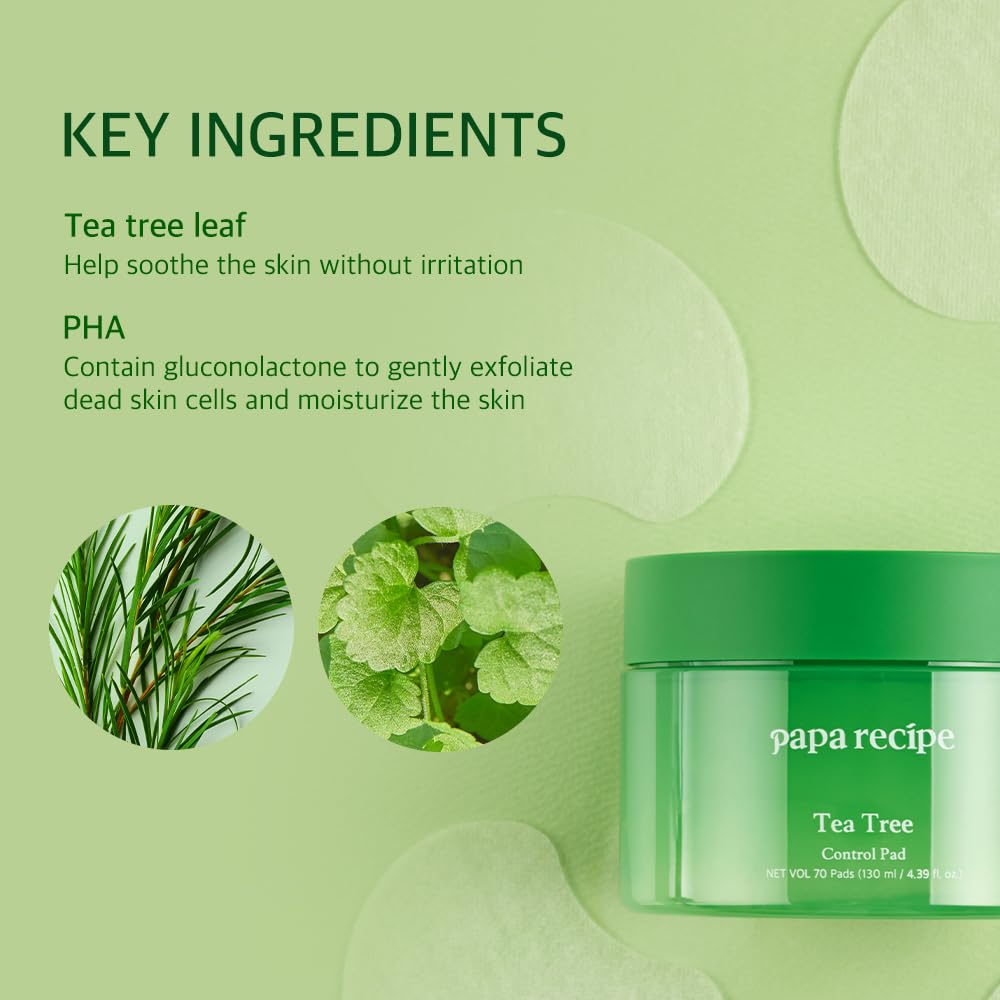 Papa Recipe Tea Tree Control Pad - Soothing Facial Toner Pads with Tea Tree, Gentle PHA Exfoliation, Moisturizing & Calming, Sensitive & Acne-Prone Skin, Korean Skin Care Pads 4.39 fl.oz, 70 Count
