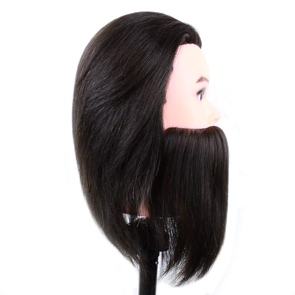 Man Male Mannequin Manikin 100% Human Hair Hairdresser Training Head With Beard Cosmetology Doll (Table Clamp Stand + Free Clips Included) (15" Male Human Hair, Dark Brown)