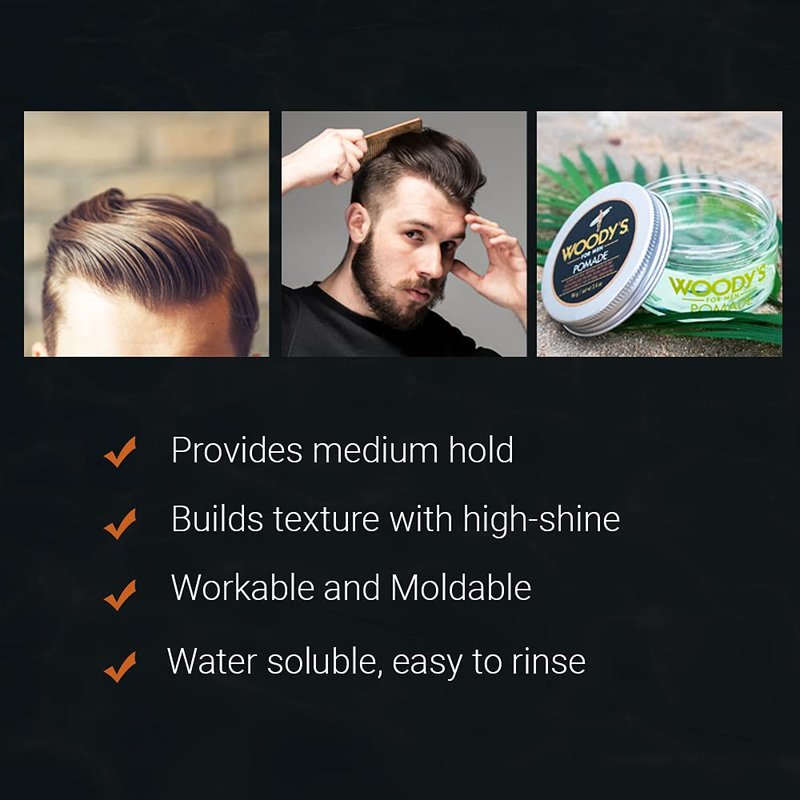 Woody's Hair Clay Pomade for Men - Matte Finish, Medium Hold, Water-Soluble Styling Gel for Men’s Hair - Strong Hold Pomade for Textured Looks, 3.4 oz