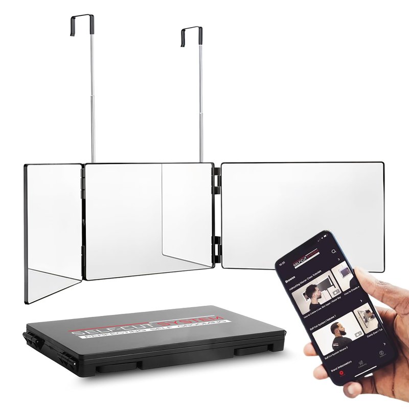 Self-Cut System 3-Way Mirror for Self Hair Cutting - Portable Trifold Mirror with Retractable Hooks, Impact-Resistant Glass, Fold Flat Design, Fits Standard Doors, Men & Women, 12.5" L x 1" W - Black