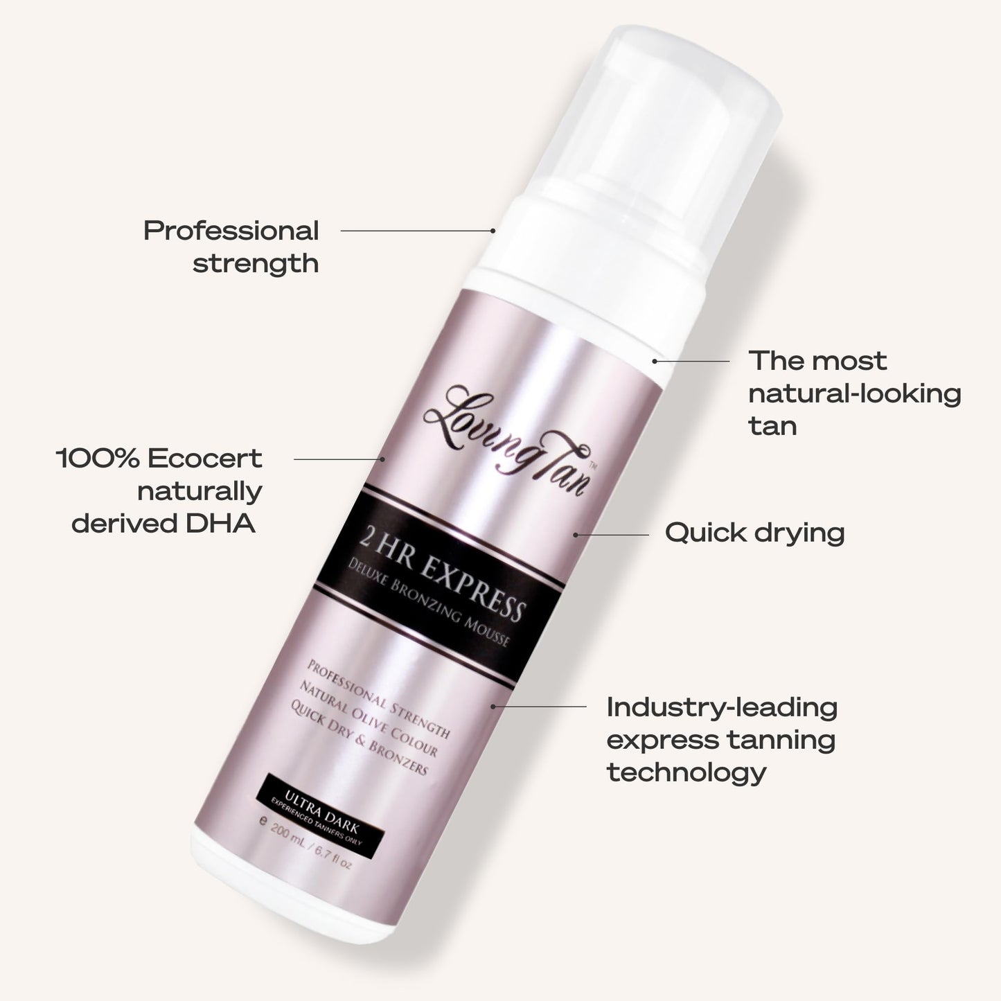 Loving Tan 2 HR Express Self Tanning Mousse, Ultra Dark - Streak Free, Natural, Professional Quality - 5+ Sunless Self Tanner Applications per Bottle, Cruelty Free, Naturally Derived DHA - 6.7 FL Oz