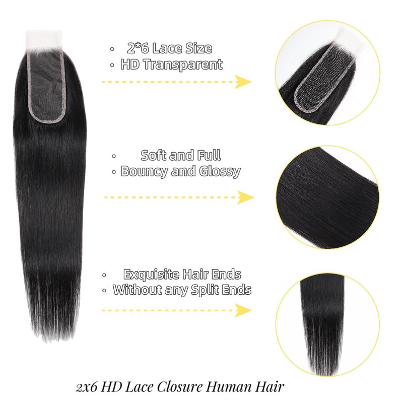 2x6 HD Lace Closure Straight Human Hair 18 Inch 2 by 6 HD Lace Closure 100% Brazilian Virgin Unprocessed Middle Part Human Hair Kim K Closure With Baby Hair Natural Color
