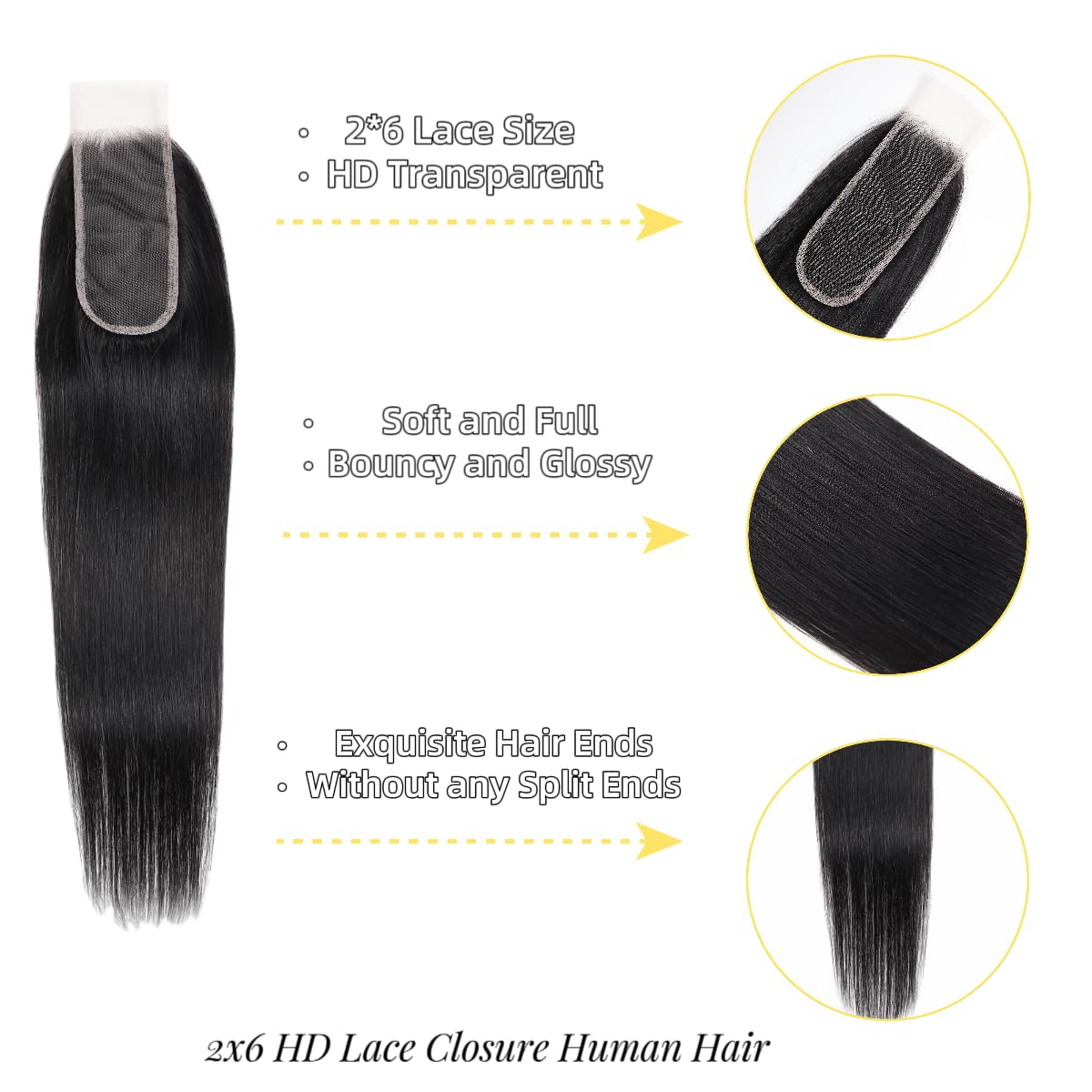 2x6 HD Lace Closure Straight Human Hair 16 Inch 2 by 6 HD Lace Closure 100% Brazilian Virgin Unprocessed Middle Part Human Hair Kim K Closure With Baby Hair Natural Color