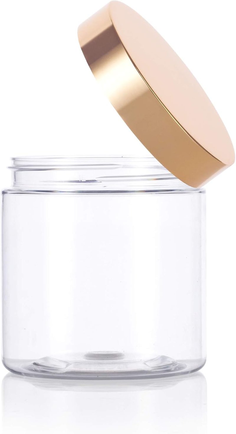 Clear PET Plastic Jars - 8 oz Refillable Storage with Luxury Gold Metal Lid | 6 Pack