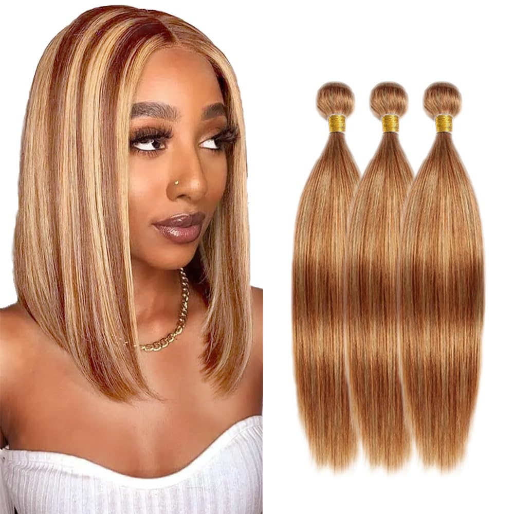 Color 27 Human Hair Bundles 27/30 Straight Bundle Highlight Bundle Human Hair Unprocessed Virgin Hair 3 Bundles 12 14 16 Inch