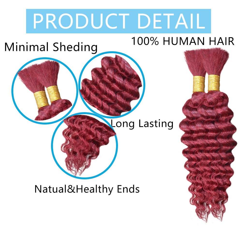 Burgundy Human Braiding Hair - 18 Inch Deep Water Wave | 100g Bulk Curly Extensions for Boho Braids