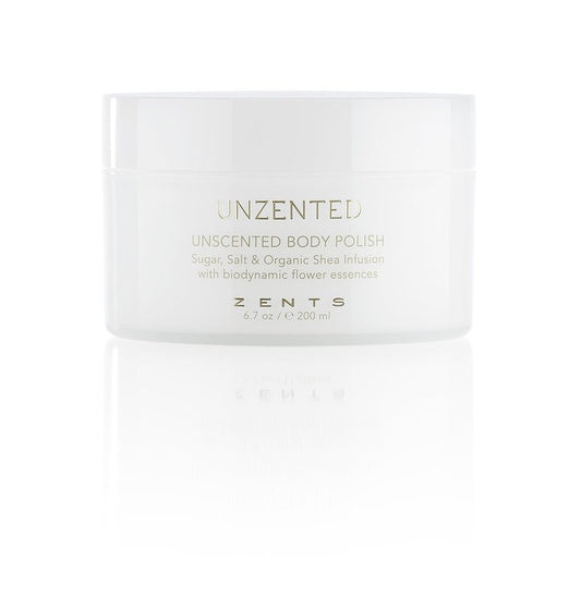 ZENTS Body Polish, Exfoliating Salt & Sugar Body Scrub with Organic Shea Butter, Unzented Fragrance Free for Sensitive Skin, 6.7 oz