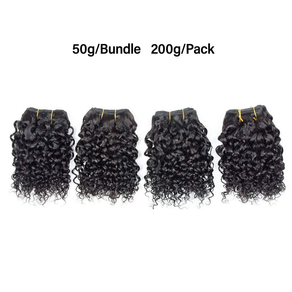 Curly Human Hair Bundles, 4 Pack Short Curly Hair Extensions, Natural Color, Brazilian Style, Soft & Full, 8 Inch Bundles