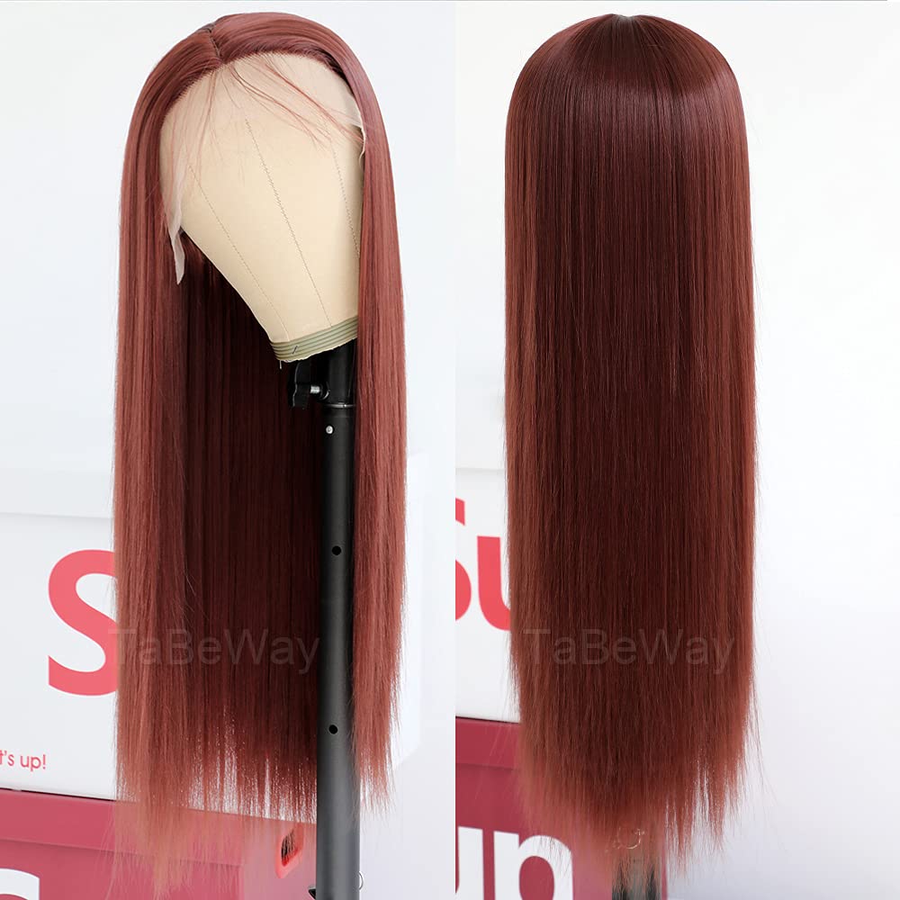 Glueless Synthetic Lace Front Wig - Long Straight Reddish Brown | Heat Resistant Hair Replacement for Women